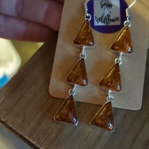 BALTIC Amber Triangular Drop Sterling Silver Earrings